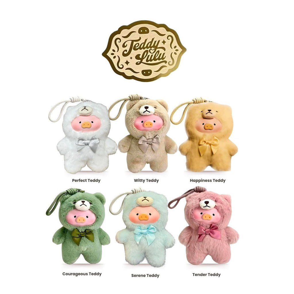 Six plush piggy dolls, each with a unique name: Perfect Lulu, Witty Lulu, Happiness Lulu, Courageous Lulu, Serene Lulu, and Tender Lulu. 