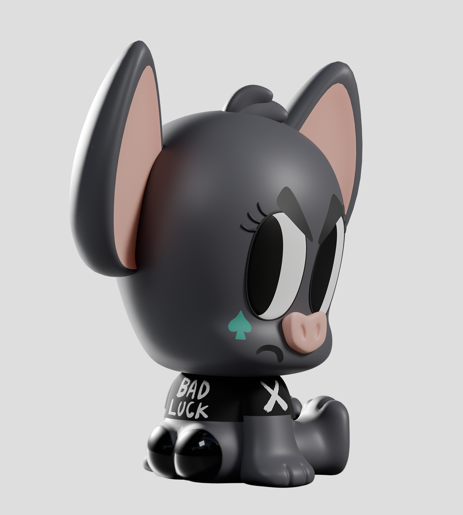 A matte black cartoon mouse with big ears, an angry look, a green spade under one eye, and 