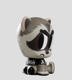 A stylized, cartoon raccoon with an angry look and a black 