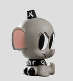 A gray cartoon elephant figurine from the Kaleidos Creative Tiny Shiny Hineys: Badasses Blind Box sports a black hat, angry look, and 
