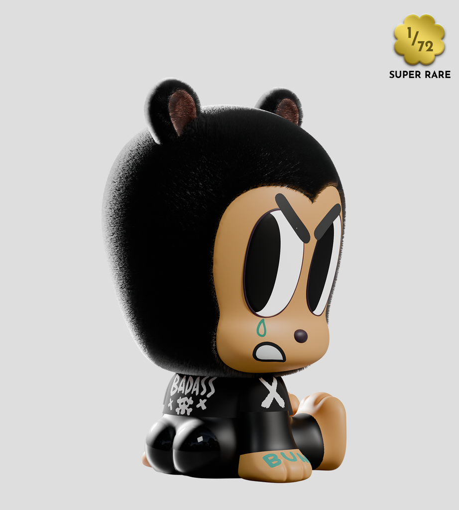 A super rare 1/72 collectible from Kaleidos Creative’s Tiny Shiny Hineys: Badasses Blind Box, this vinyl figurine features a bear hood, teardrop under one eye, 