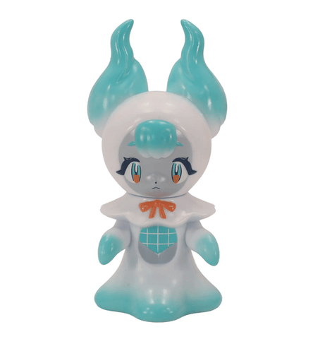 Tomyo by Fewmany (JP) is a small, teal and white stylized ghost girl figurine with large horn-like ears, a sad expression, and an orange neck bow—perfect for home decor or adding charm to any haunted house.