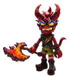 The Devil Warrior by AGCMT Creation Corp is a cartoonish red figurine with big horns, sharp teeth, yellow eyes, and shorts, holding a colorful jagged axe—an ideal collectible for mini comic or art trading card fans.