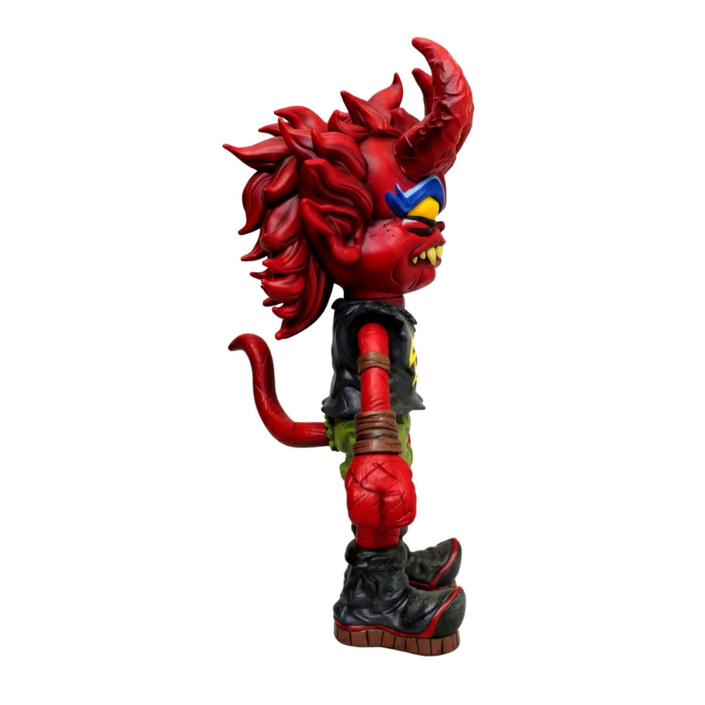 Side view of The Devil Warrior vinyl figurine by AGCMT Creation Corp, featuring a red body, spiky hair, large horns, blue mask, tail, black shirt, green shorts, and black boots—a must-have for collectible art fans.
