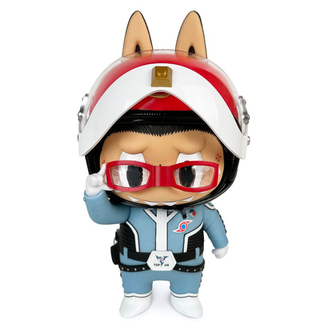 Labubu — Ultra Seven by How2Work (HK) is a chibi-style fox character wearing a red helmet and glasses, dressed in a light blue flight suit with red and black details, all set against a white background.