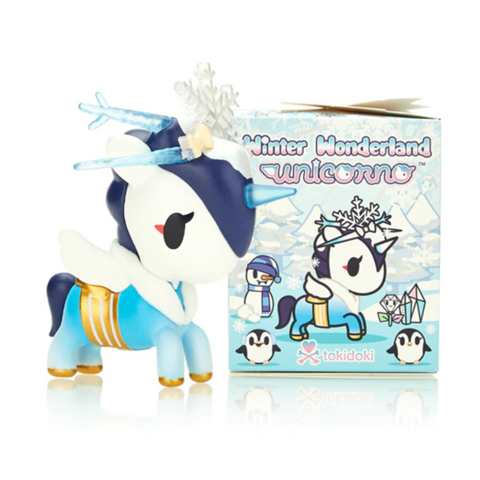 A Tokidoki Winter Wonderland Unicorno Blind Box sits next to a box.