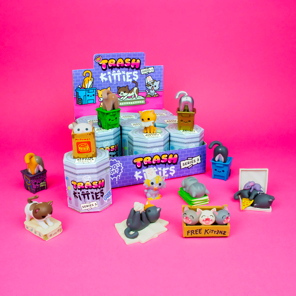 A collection of Trash Kitties Series 3 Blind Box figurines on a pink background from Disburst (US).