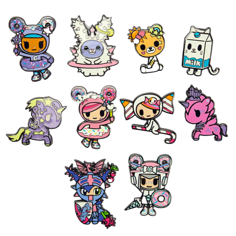 A collection of tokidoki enamel pins featuring cartoon characters.