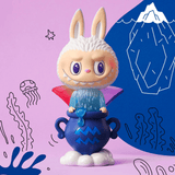 A blind box figure of a bunny in a blue pot on a pink background, designed by Kasing Lung from the Pop Mart The Monsters - Constellation series Blind Box.