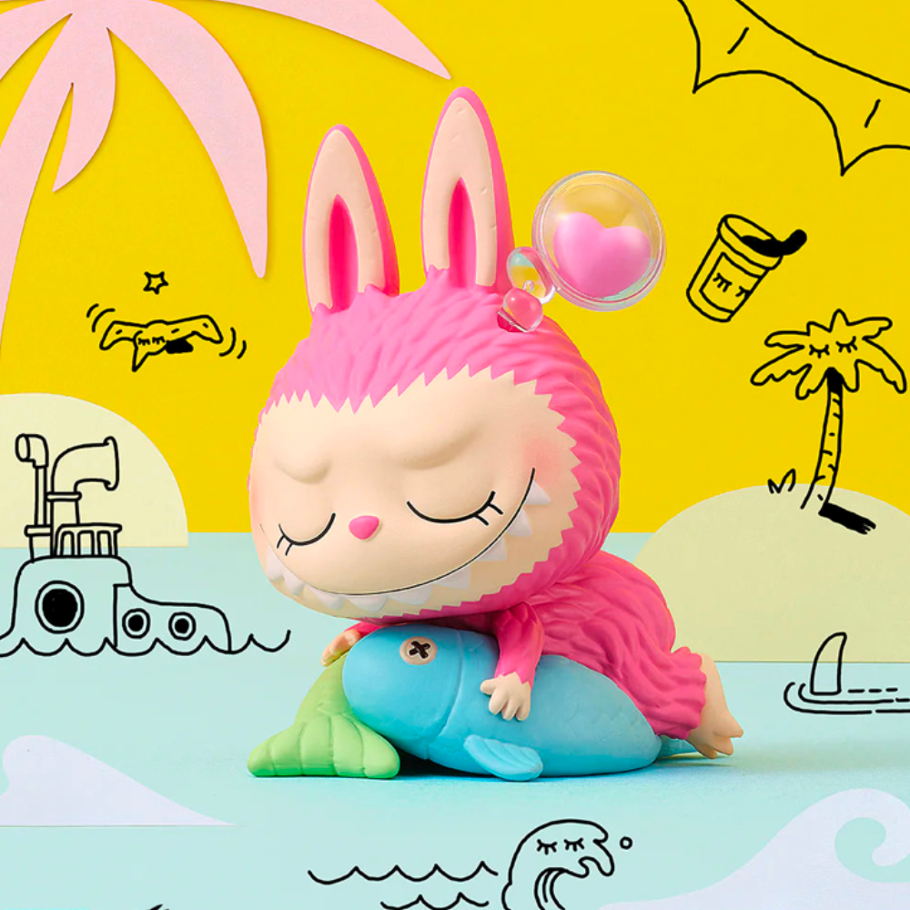 In this Monsters - Constellation series Blind Box by Pop Mart, a pink bunny rests atop a fish.