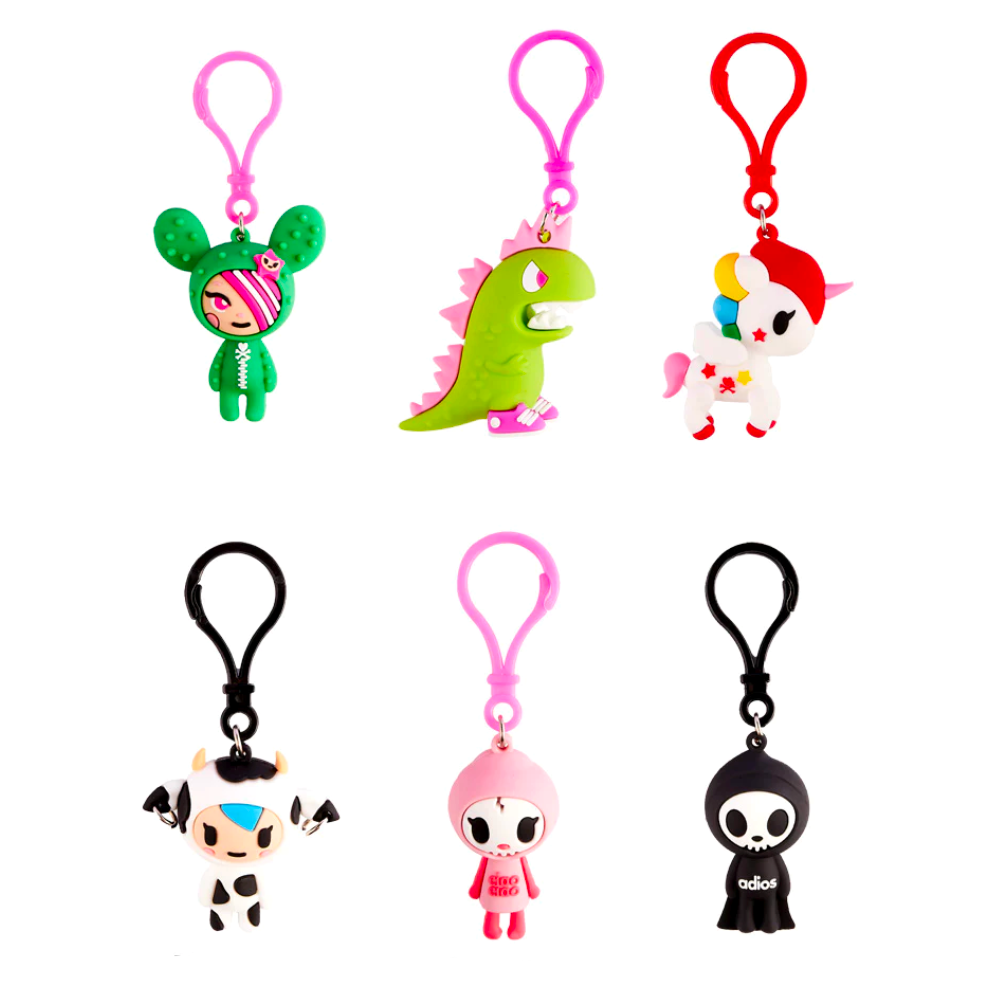 A group of Tokidoki Characters series 1 Blind Bag Clips by tokidoki (IT) collectible figurines on a white background.