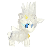 A white Tokidoki Winter Wonderland Unicorno with glasses and a crown.