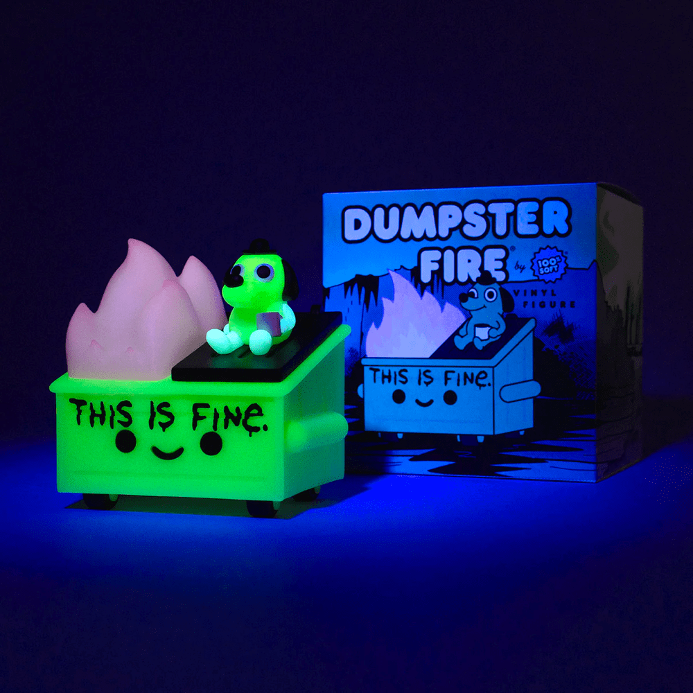 Glow in the dark toy inspired by the Dumpster Fire — This is Fine Glow Edition meme dog from 100% Soft.