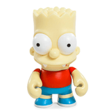 A Kidrobot (US) figurine from the Simpsons Treehouse of Horrors Series 2 Blind Box displays a wide-eyed expression, red shirt, and blue shorts, standing confidently.