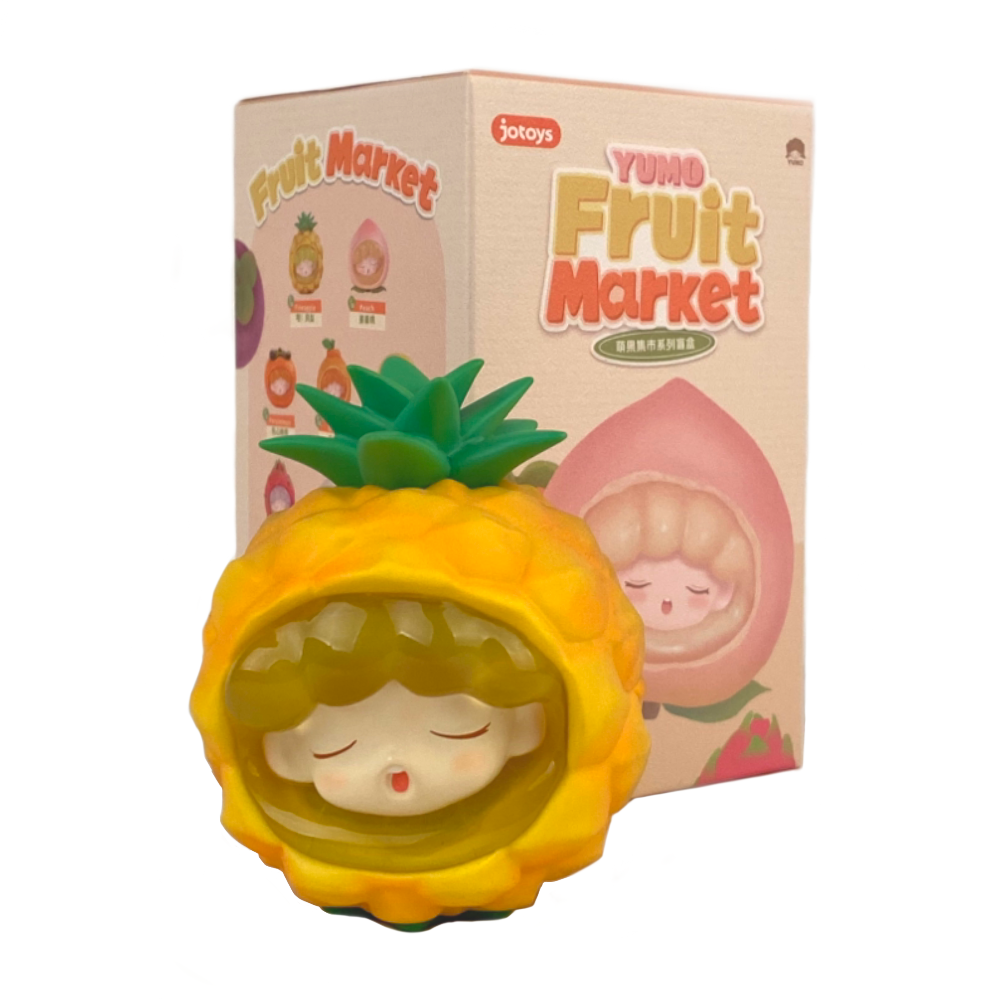 A pineapple-themed fruit toy figure stands beside a Jotoys 