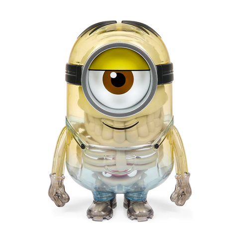 The Kidrobot (US) Minions Rise of Gru Goggle & Bones Anatomy Figure is an 8" yellow, one-eyed toy with a transparent body that reveals its internal organs and bones, shown upright against a white background.