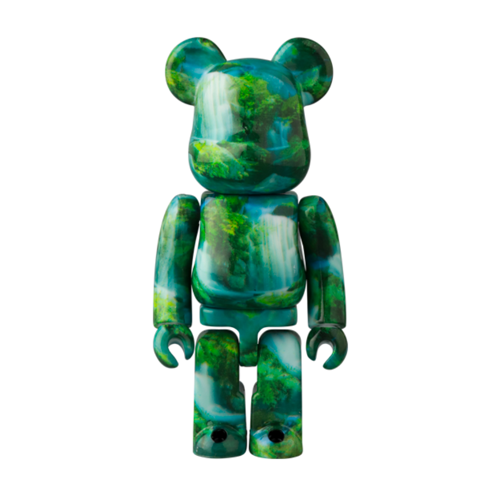 The Be@rbrick Series 50 Blind Box by Medicom (JP) features a glossy bear-shaped figure with green trees and waterfall patterns—ideal for collectors and fans of surprise toys.
