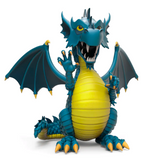 3d illustration of a blue cartoon dragon with large wings and yellow underbelly, crafted as a Dungeons & Dragons - Monster Series 2 Blind Box vinyl figure from Kidrobot (US), standing and smiling against a white background.