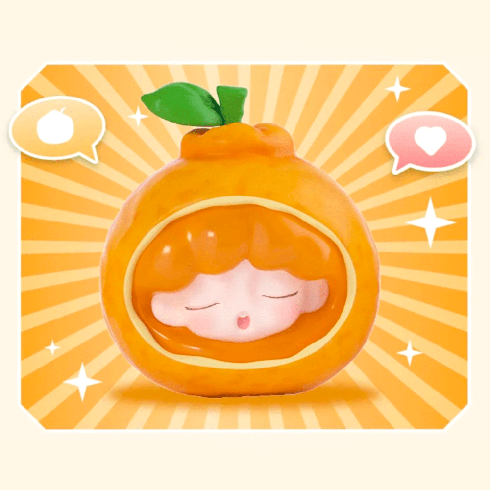 The YUMO — Fruit Market Blind Box by Jotoys features a charming fruit-inspired doll with closed eyes in an orange shape, surrounded by speech bubbles with an orange and a heart, set against a starburst background.