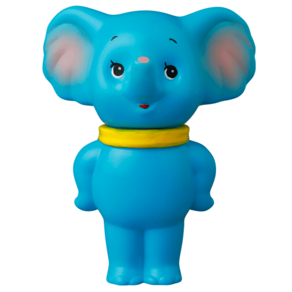 Medicom's VAG 43 — ZOU is a blue cartoon elephant figurine with pink inner ears, a yellow collar, and a cheerful smile—ideal for collectors of Japanese vinyl toys or gachapon figures.