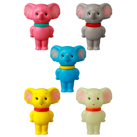 Five VAG 43 — ZOU elephant gachapon figures by Medicom (JP), in pink, gray, blue, yellow, and off-white, are arranged in a V-shape against a white background.