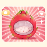 A charming character with a sleepy face is nestled in a spiky red fruit-like shell. Speech bubbles and a starburst background complete this playful scene by Jotoys, evoking the surprise and delight of unboxing the YUMO — Fruit Market Blind Box.