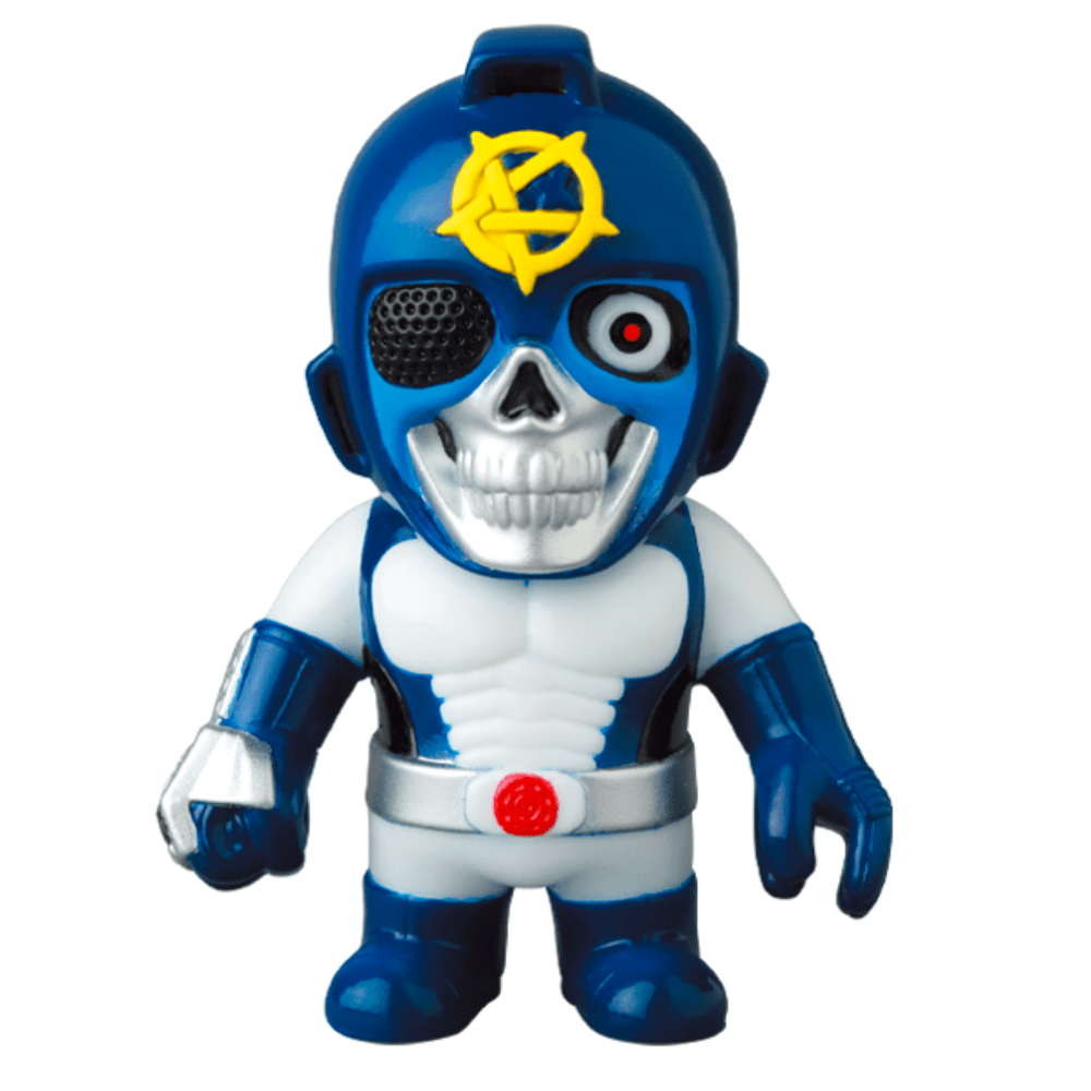 A Vag 35 - Gunjo toy with a skeleton on it, featuring shades of blue and yellow by Medicom (JP).