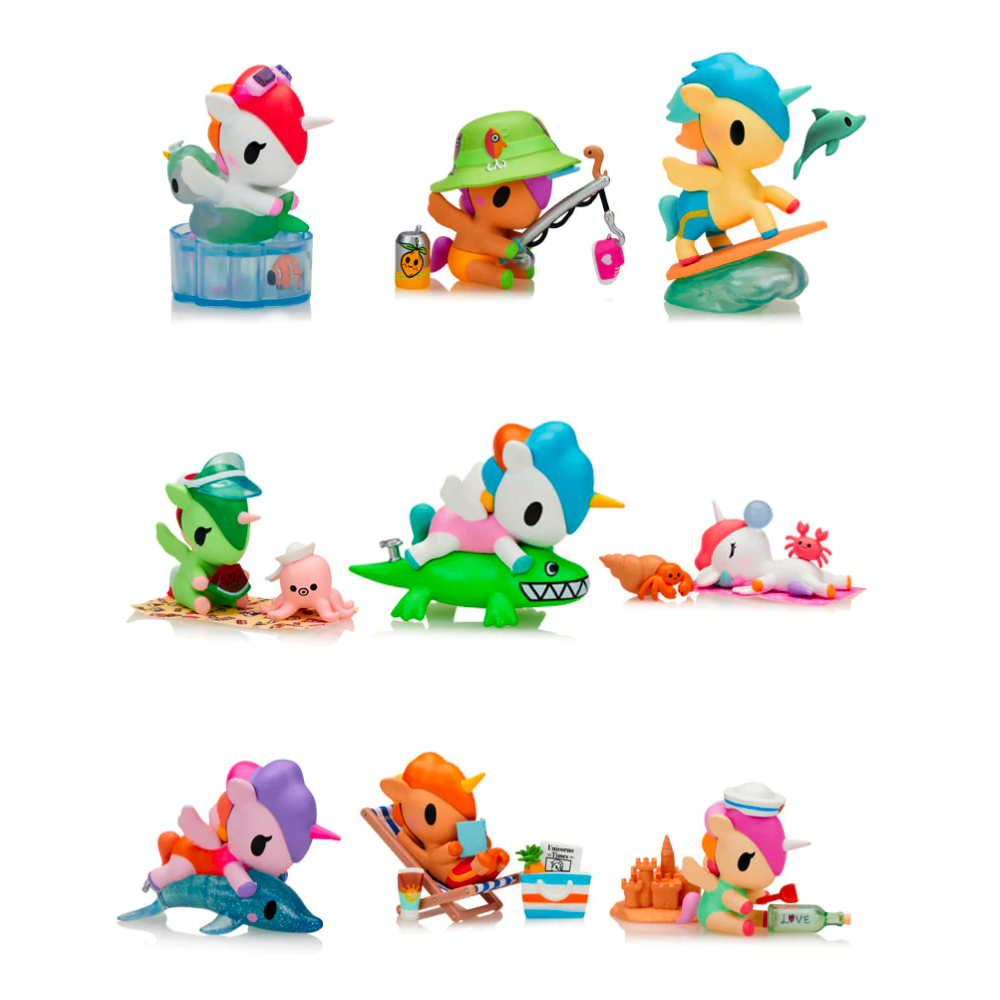 The Tokidoki Fun in the Sun Unicorno Blind Box by tokidoki (IT) features 10 colorful collectible animal figurines, each enjoying summer activities. Each box is a surprise, adding excitement to every unboxing!.