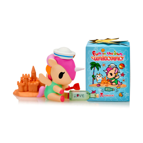 The Tokidoki Fun in the Sun Unicorno Blind Box by tokidoki (IT) features a vibrant Unicorno with a sailor hat, sandcastle, and "LOVE" bottle—an ideal collectible toy and blind box surprise for any fan.