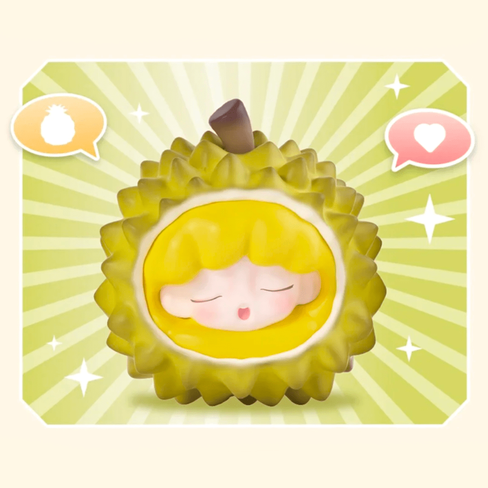 Discover the charm of a cute cartoon durian with a smiling face and closed eyes atop a starburst backdrop, complete with speech bubbles showing a durian and heart, in your next YUMO — Fruit Market Blind Box from Jotoys!.