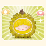 Discover the charm of a cute cartoon durian with a smiling face and closed eyes atop a starburst backdrop, complete with speech bubbles showing a durian and heart, in your next YUMO — Fruit Market Blind Box from Jotoys!.