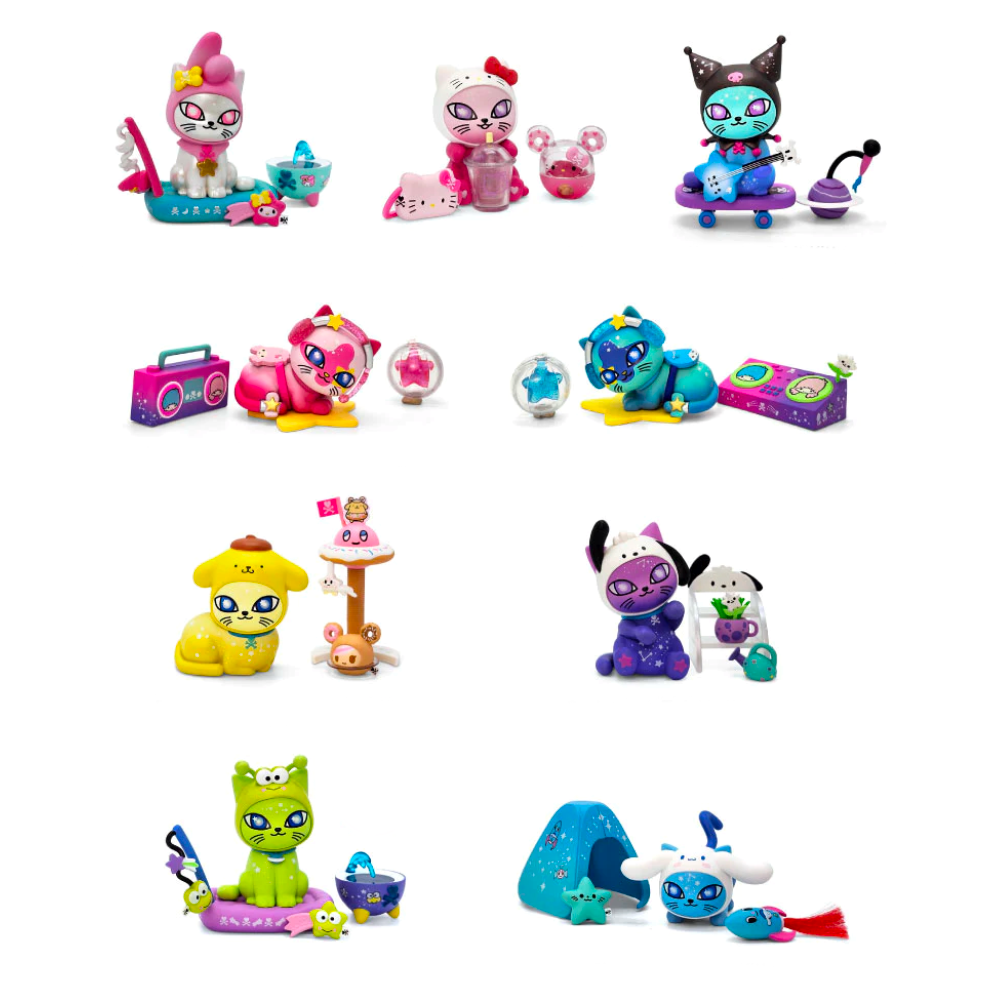 Nine unique tokidoki Galactic Cats x Hello Kitty & Friends Blind Box figures by tokidoki (IT), each with distinct accessories, are arranged in three rows against a white background.