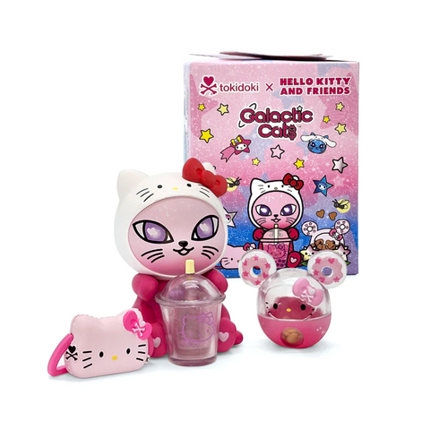 The Tokidoki Galactic Cats x Hello Kitty & Friends Blind Box by tokidoki (IT) includes a surprise figure and accessories, all packed in a space-themed box—perfect for fun, out-of-this-world play.