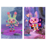Two magical pictures of a toy bunny in a forest among plants featuring the Yeaohua Fantasy Plant Blind Box by Finding Unicorn.