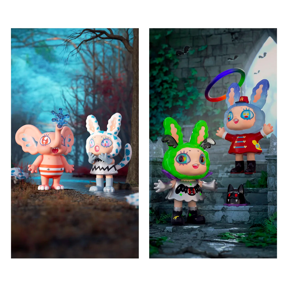 A series of pictures of a Yeaohua Dark Fairy Tale Blind Box toy rabbit in a forest by Finding Unicorn.