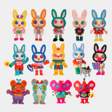 A collection of Yeaohua - American Vintage Blind Box bunny toys in various colors, inspired by the Finding Unicorn series.