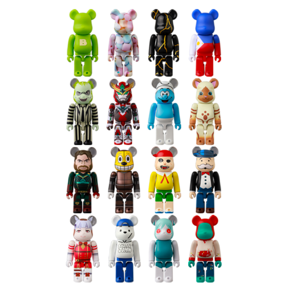 The Be@rbrick Series 49 Blind Box by Medicom (JP) includes 16 vibrant vinyl figures with unique designs. Arranged in four rows, these bear-shaped collectibles offer an exciting blind box unboxing experience.