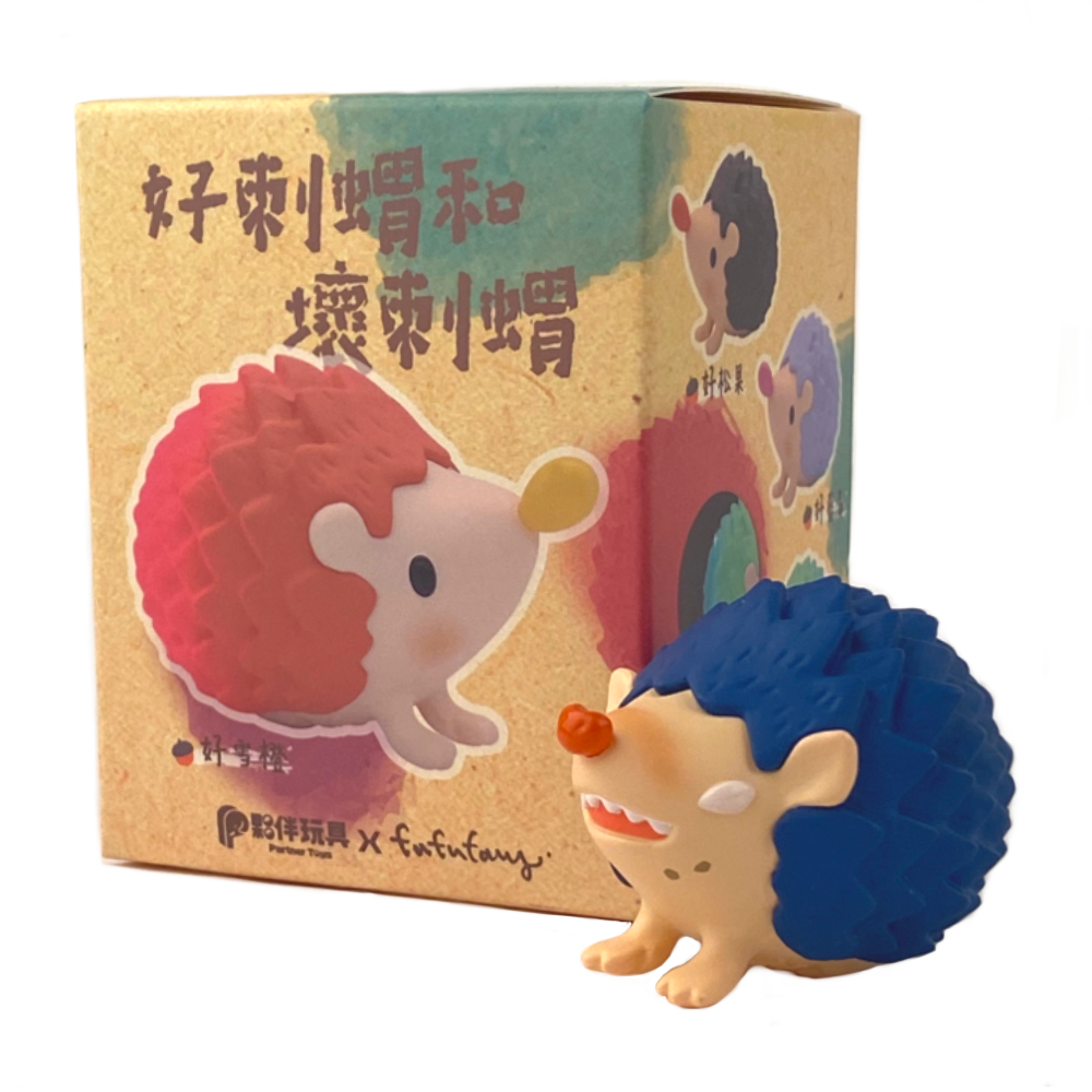 The Good Hedgehog/Bad Hedgehog Blind Box by Partner Toys features a toy hedgehog figurine with red and blue spikes, nestled in an eye-catching blind box adorned with delightful text and illustrations. It's perfect for collectors pure of heart.