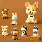 Collection of eight Partner Toys (TW) Sitting Animals - Blind Box, including dogs, a rabbit, and a cat, displayed against a soft brown backdrop as cheering desk accessories.