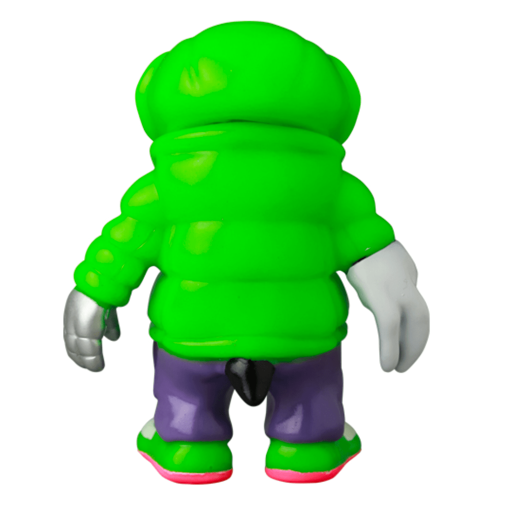 The VAG 10th Anniversary — Cthuloid by Medicom (JP) is a green, puffy jacketed toy with purple pants, gray hands, and red-soled shoes—ideal for Japanese vinyl gachapon collectors.