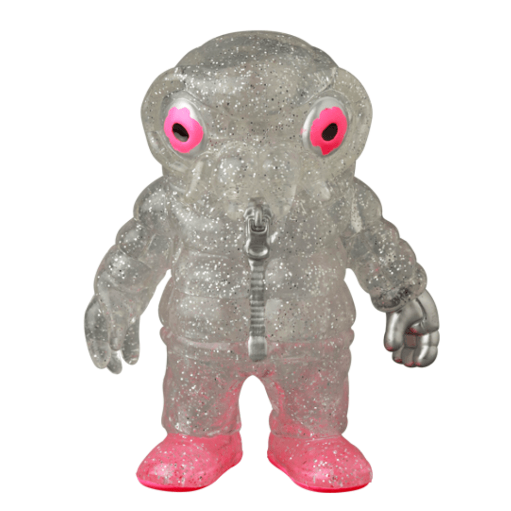 The VAG 10th Anniversary — Cthuloid by Medicom (JP) is a translucent, glittery humanoid figure inspired by Japanese vinyl toys, featuring a chest zipper, pink feet, silver hands, and large round pink-rimmed eyes.