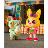 A vintage toy bunny and a bunny doll standing next to each other from the Finding Unicorn Yeaohua - American Vintage Blind Box series.