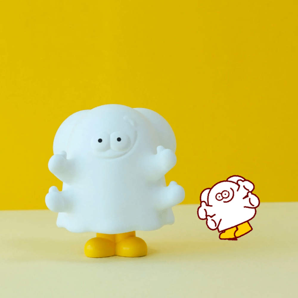 A white, four-armed figure with yellow feet from Partner Toys' HIHI Trickster Daily - Blind Box stands beside a red line drawing on yellow, resembling a playful sheet ghost character.