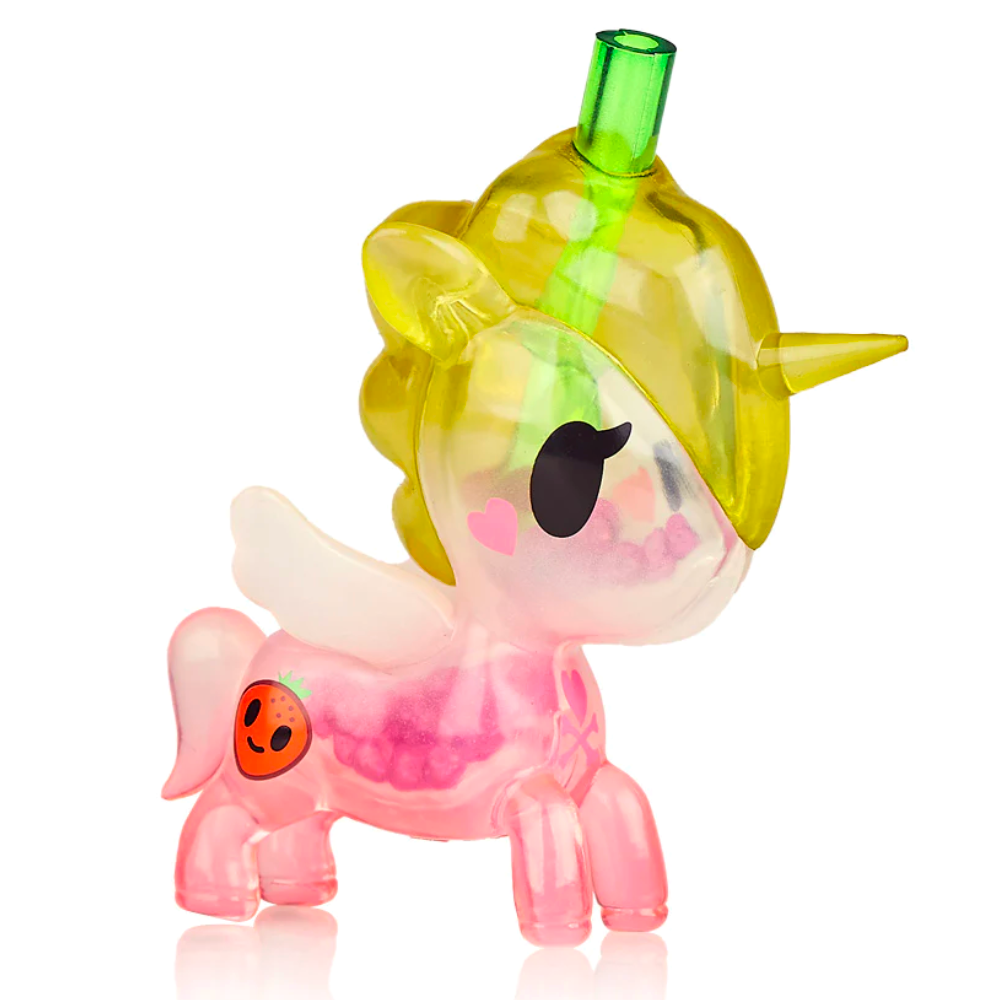 Replace the product in the sentence below with the given product name and brand name.
Sentence: Transparent Tokidoki Strawberry Matcha Unicorno figurine with yellow mane, a green horn, and decorative elements including a heart and ladybug.