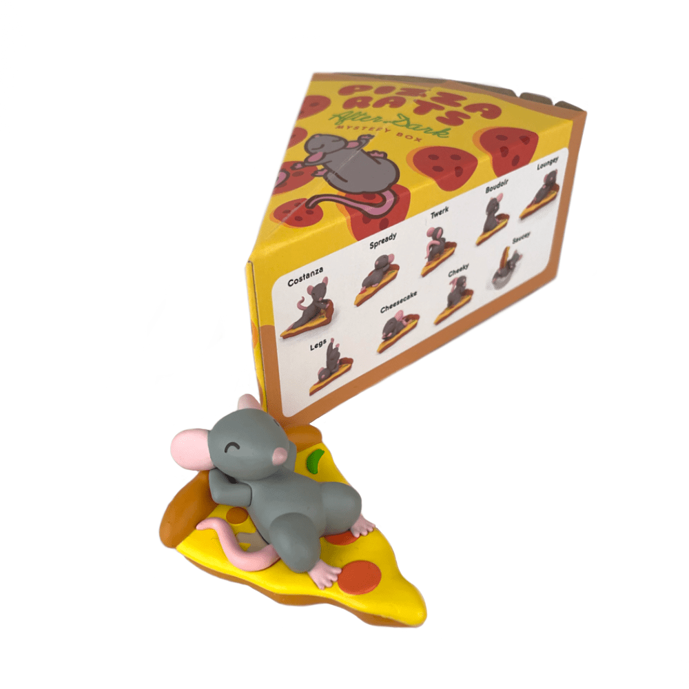 A small gray mouse from 100% Soft's Pizza Rats — After Dark Blind Box sits on a pizza slice in front of a triangular box showing other collectible mouse and pizza figure designs.