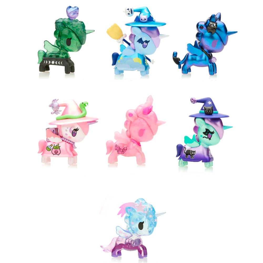 Seven colorful unicorn toys, each sporting unique costumes and accessories, are arranged in a grid on a white background, exuding an enchanting style reminiscent of the Tokidoki Mystic Magic Unicorno Blind Box collection by Tokidoki.