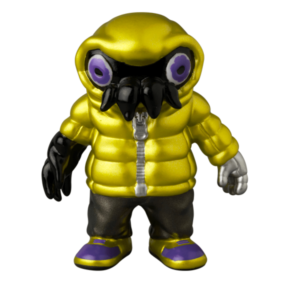 The VAG 10th Anniversary — Cthuloid by Medicom (JP) is a small Japanese vinyl toy featuring a yellow hooded jacket, black pants, purple and yellow shoes, and a black mask with large purple eyes and beak-like features.