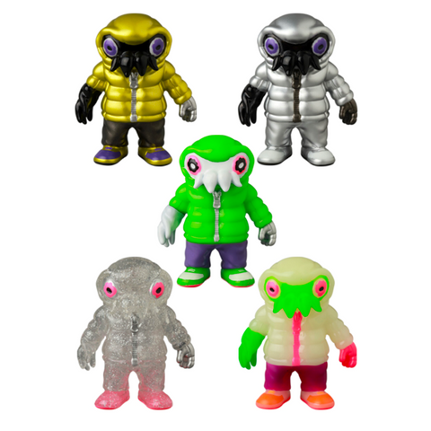 Five VAG 10th Anniversary — Cthuloid figures by Medicom (JP), featuring bird-like beaked masks, large eyes, and colorful puffer jackets, are arranged in two rows against a white background, showcasing unique Japanese vinyl toy design.
