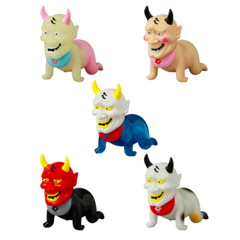 Five vibrant Sebastian dog figurines from Medicom's VAG 10th Anniversary series are grouped on a white background, showcasing horned designs and playful expressions inspired by Japanese vinyl gachapon toys.