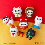 Song Song Meow — Good Luck Charm Blind Box by Partner Toys features seven small figures with panda faces in unique Japanese-themed costumes, each randomly packed and displayed on a red and yellow background.